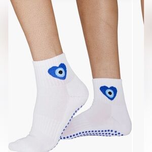 Souls. White Ankle Grip Socks with Evil Eye Blue Heart Design - Pilates Yoga
